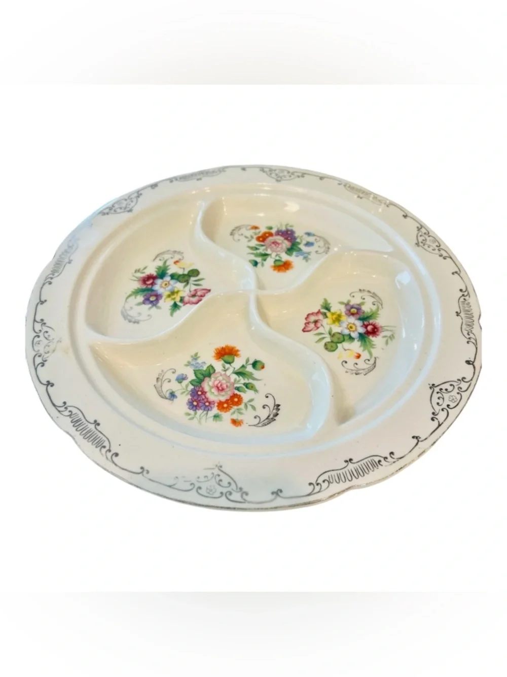 Antique Nippon Dresdena Ware Covered Divided Dish Hand Painted Floral